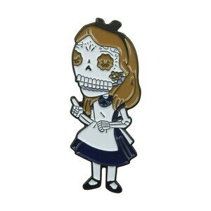 Sugar Skull Alice Wonderland Parody Enamel Pin - Alt Goth Halloween Fantasy NWT